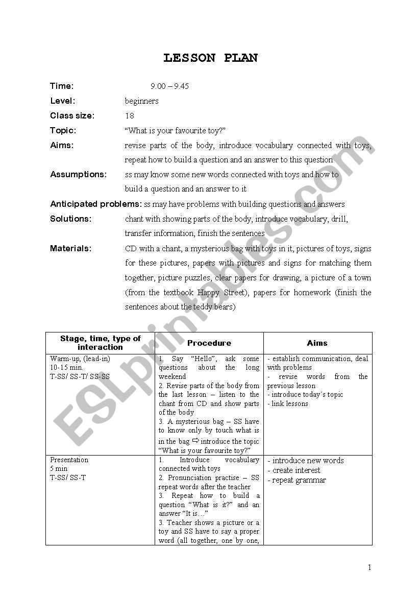 Lesson plan - Toys worksheet