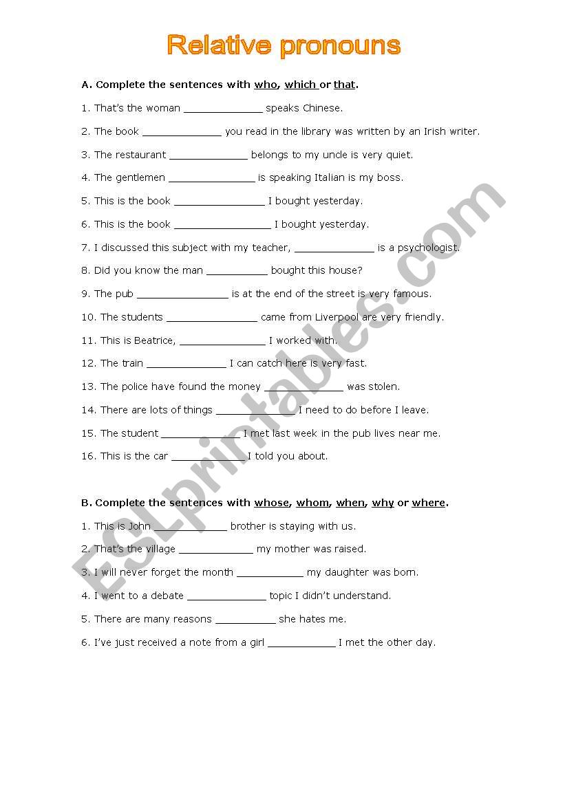 Relative Pronouns  worksheet