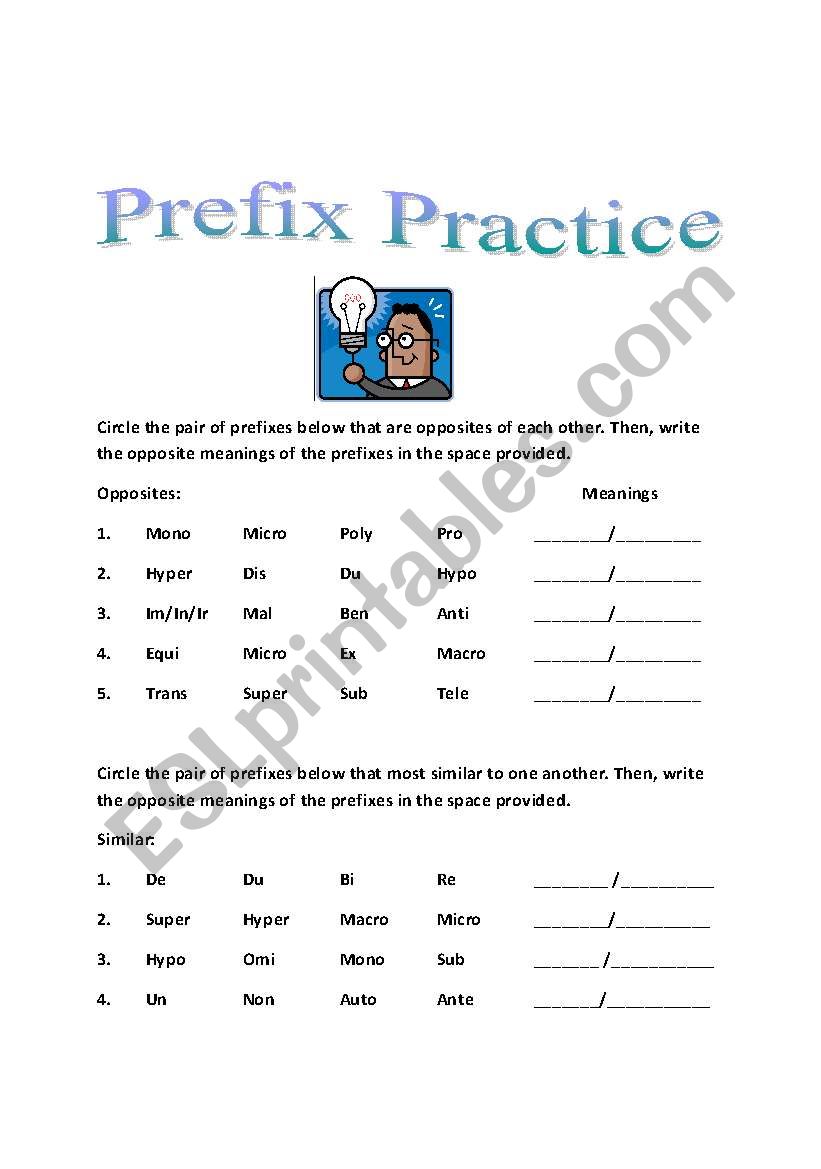 Prefix Practice worksheet