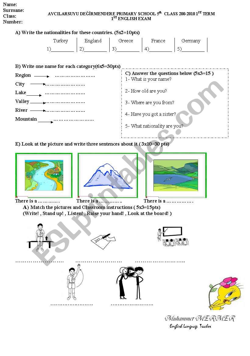 5th grade Exam questions worksheet