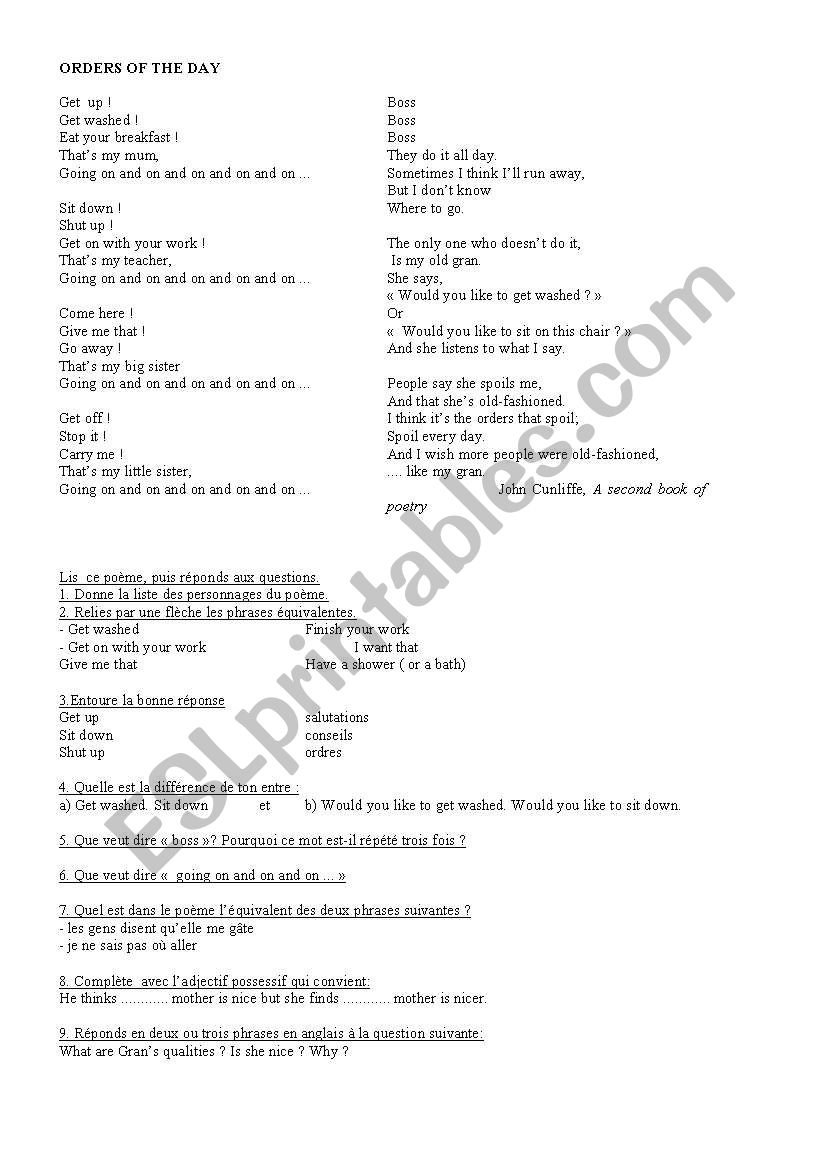 Poem orders worksheet