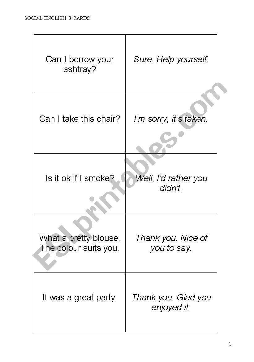 Social English cards worksheet