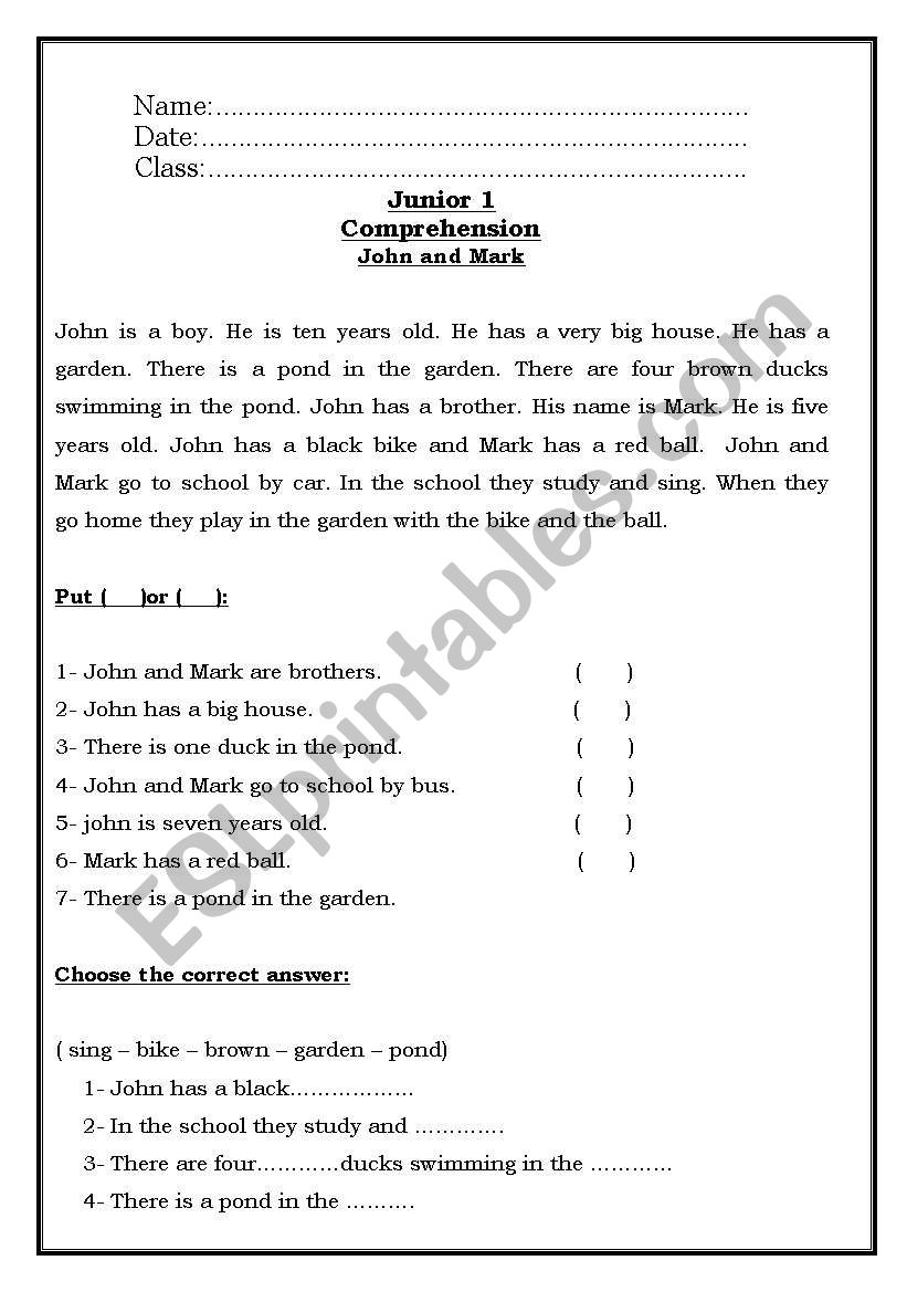 Mark and John worksheet