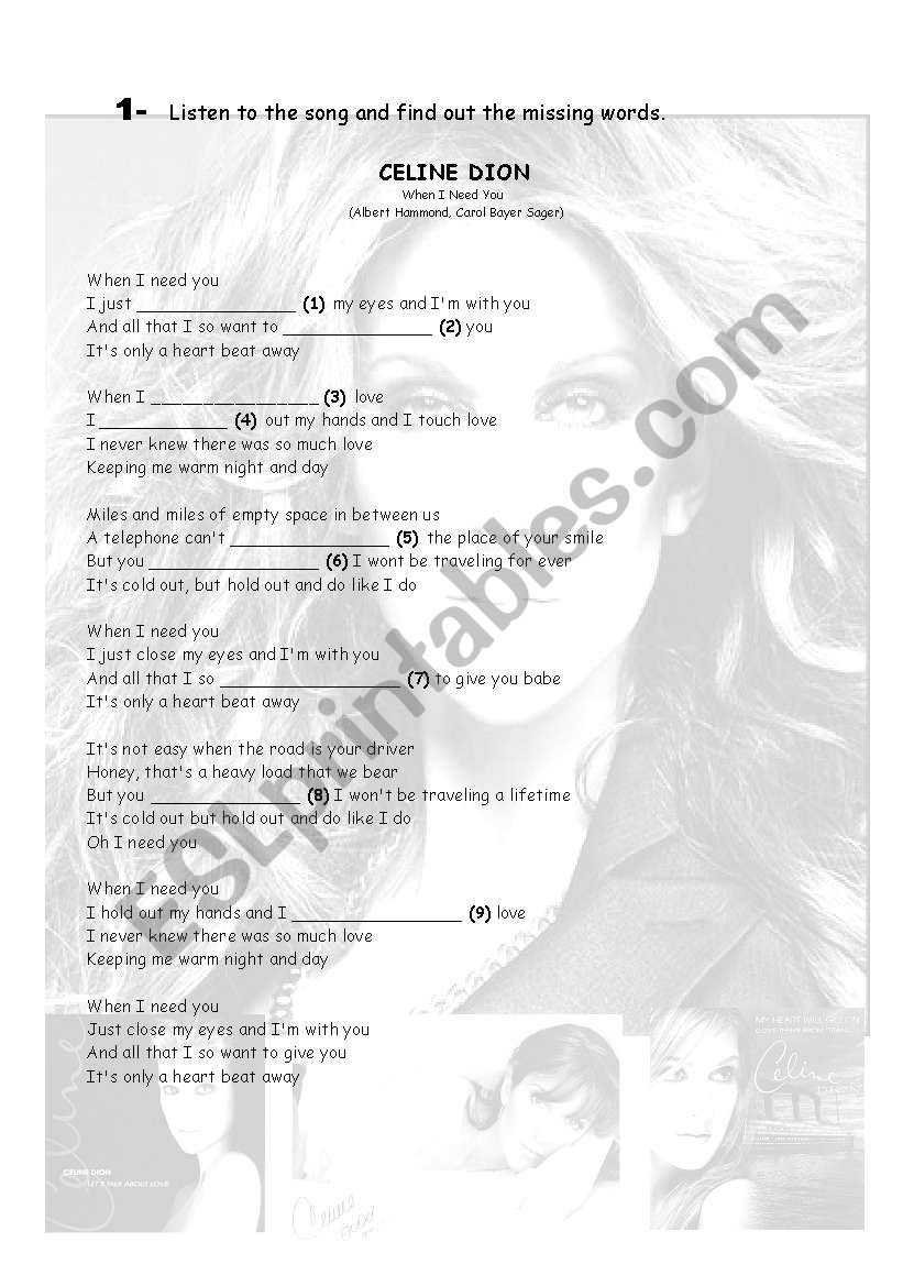 When I Need You - Celine Dion worksheet