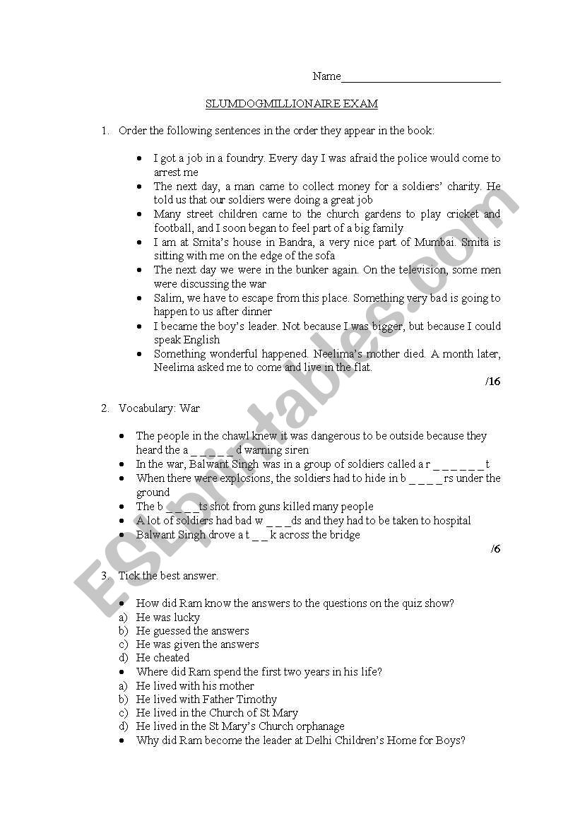 slumdog millionaire test worksheet