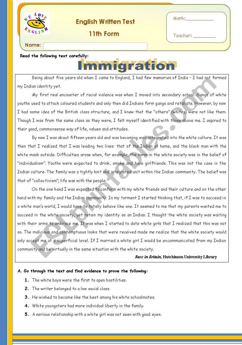 Immigration Test 11th form worksheet