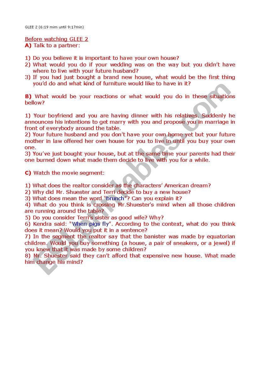 Activity for 1st season of Glee chapter 2