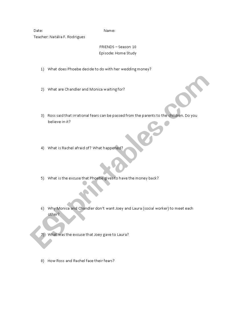 Friends - Season 10 Episode 8 worksheet