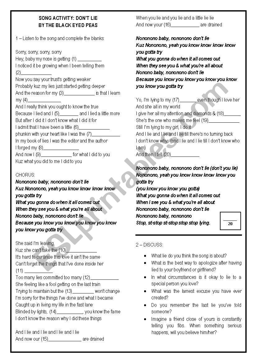 Song Activity - Dont Lie worksheet