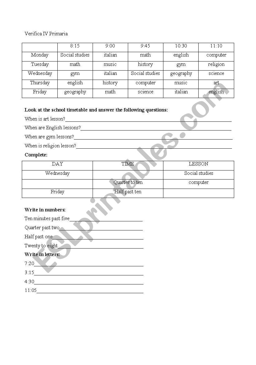 time and school subjects worksheet
