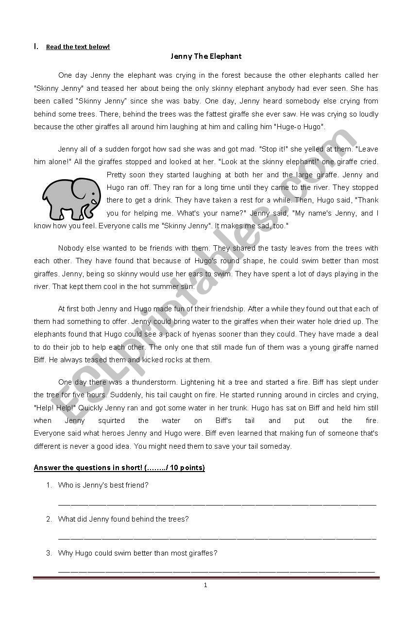 Grammar and Reading Test worksheet