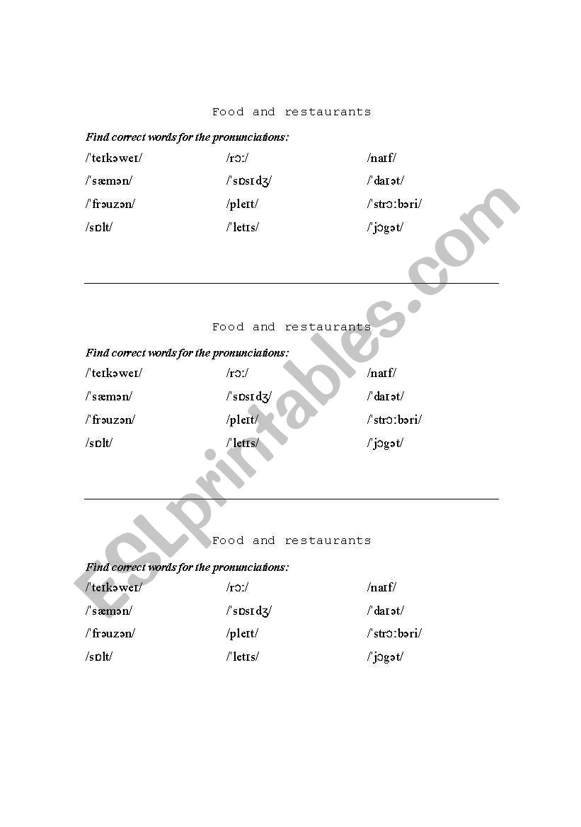 Food & restaurant worksheet