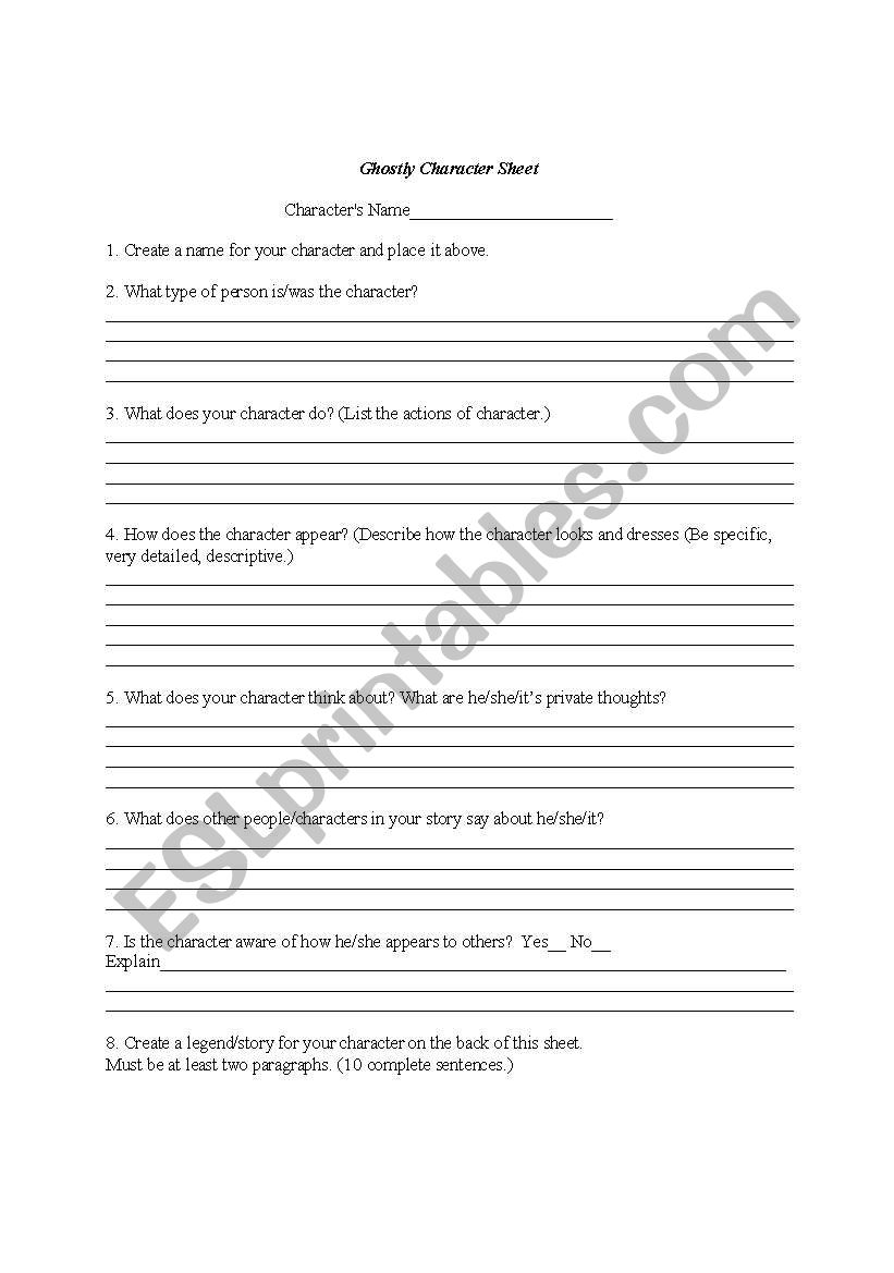 Ghostly Character Worksheet worksheet