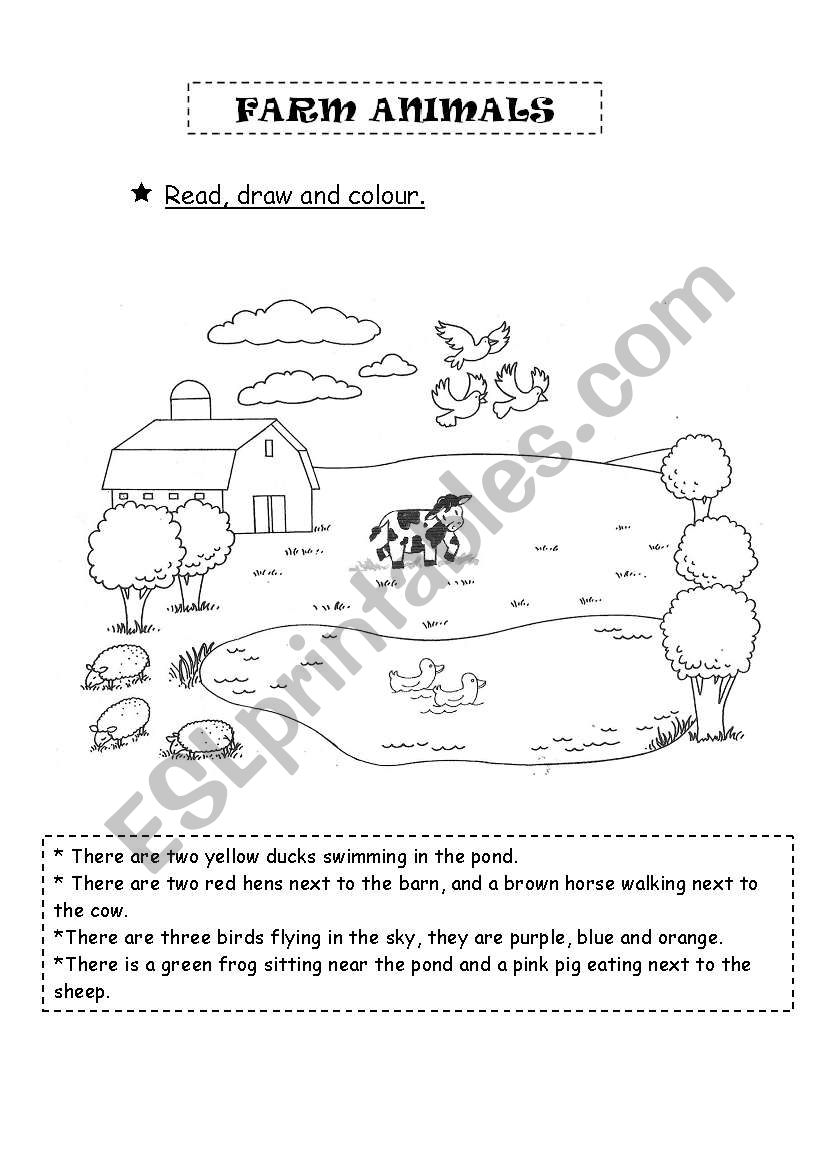 Farm animals - Read, draw and colour