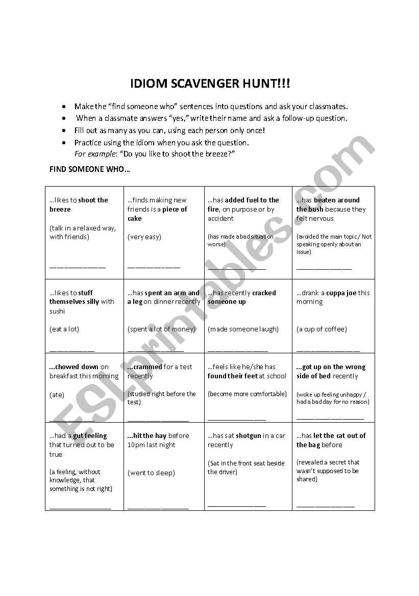 Idioms icebreaker activity worksheet