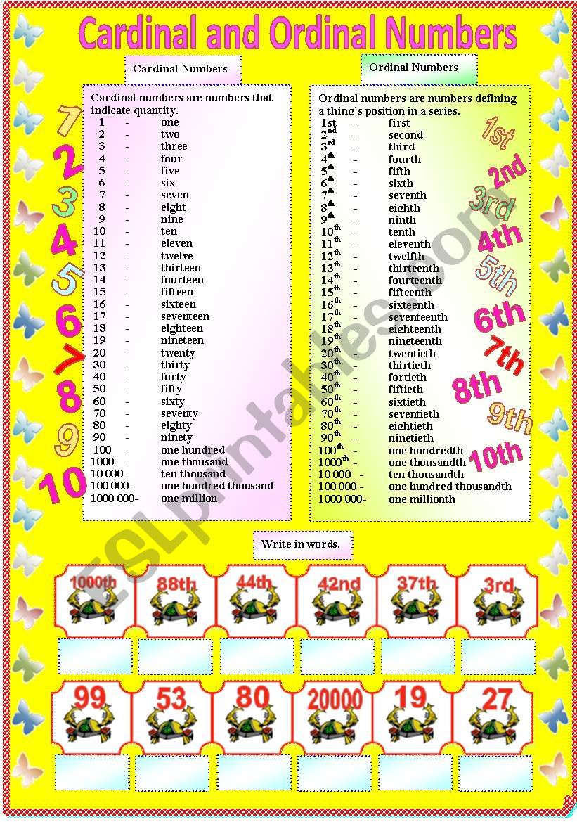 Cardinal and Ordinal Numbers - 2 pages of activity (with B/W and answer key) ** editable