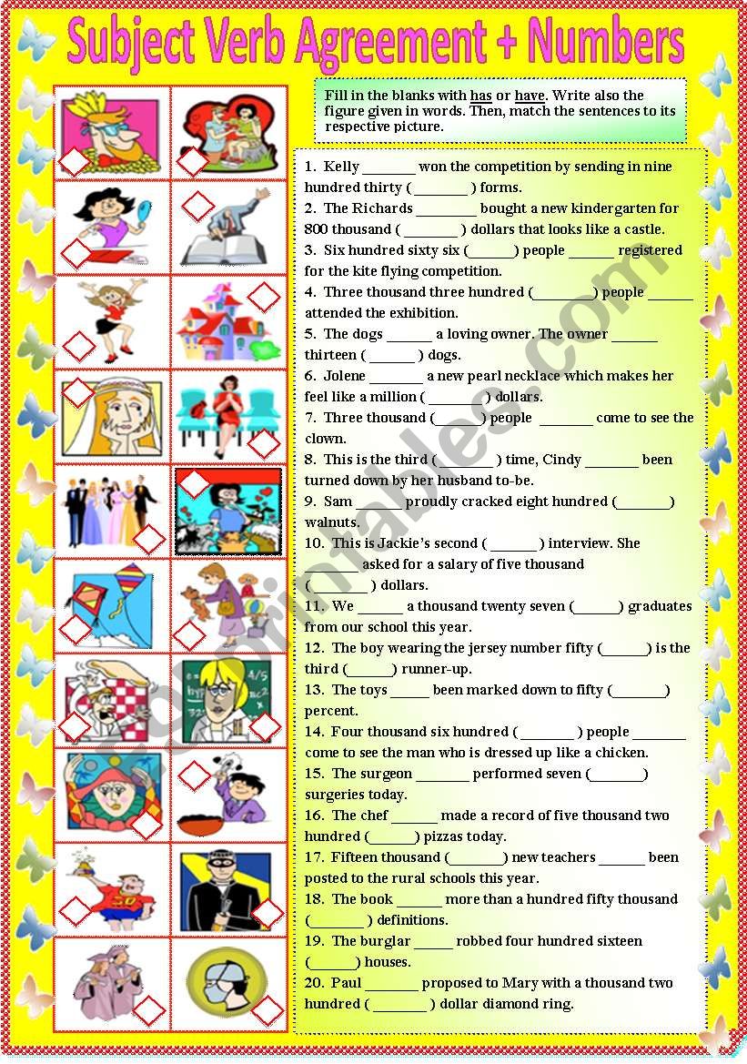 Subject Verb Agreement with Numbers (with B/W and answer key) **editable