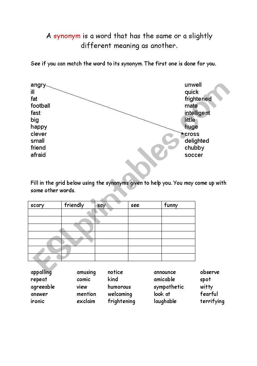 Synonyms worksheet