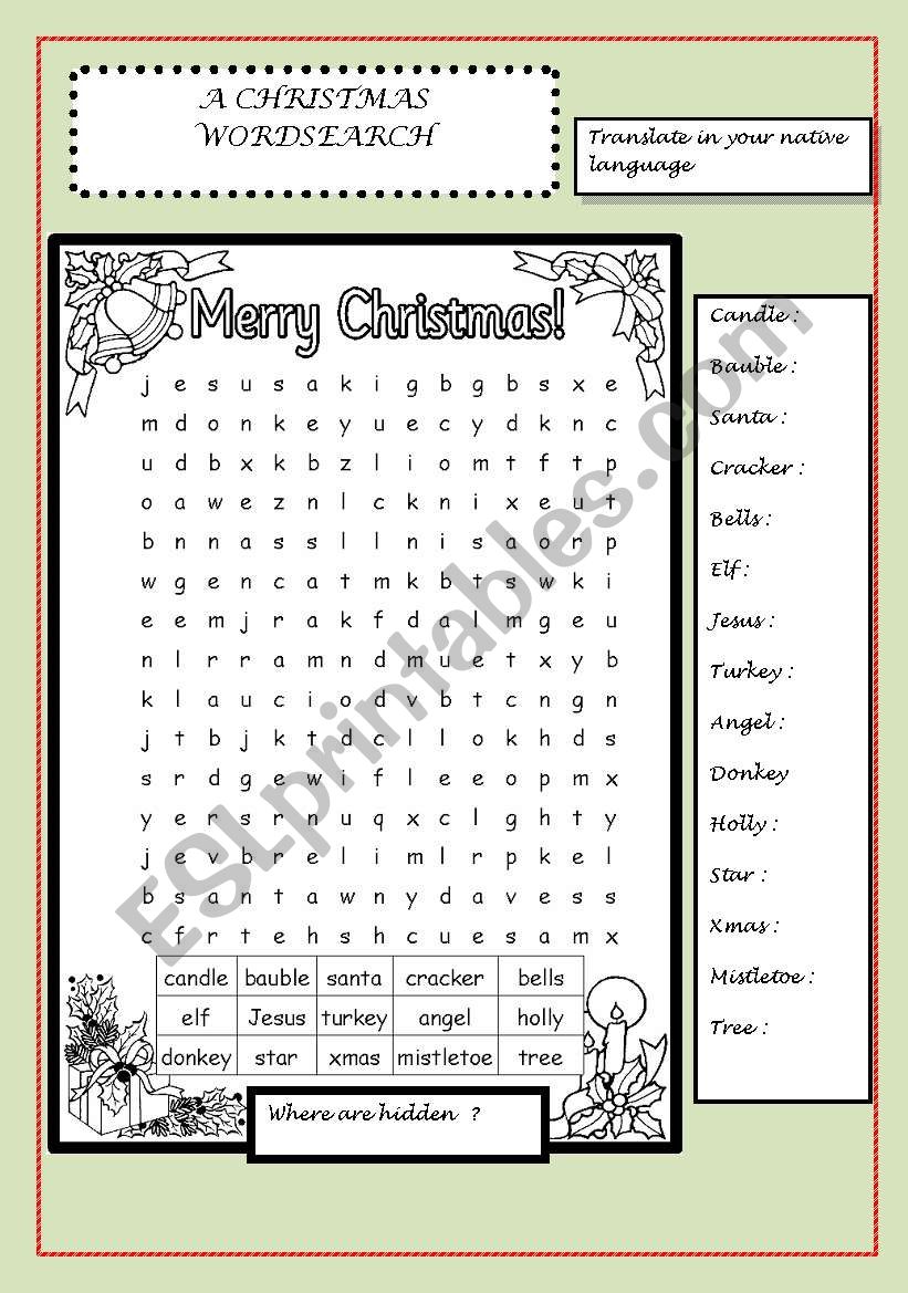 A christmas wordsearch worksheet