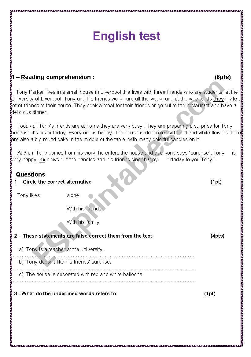 english test worksheet