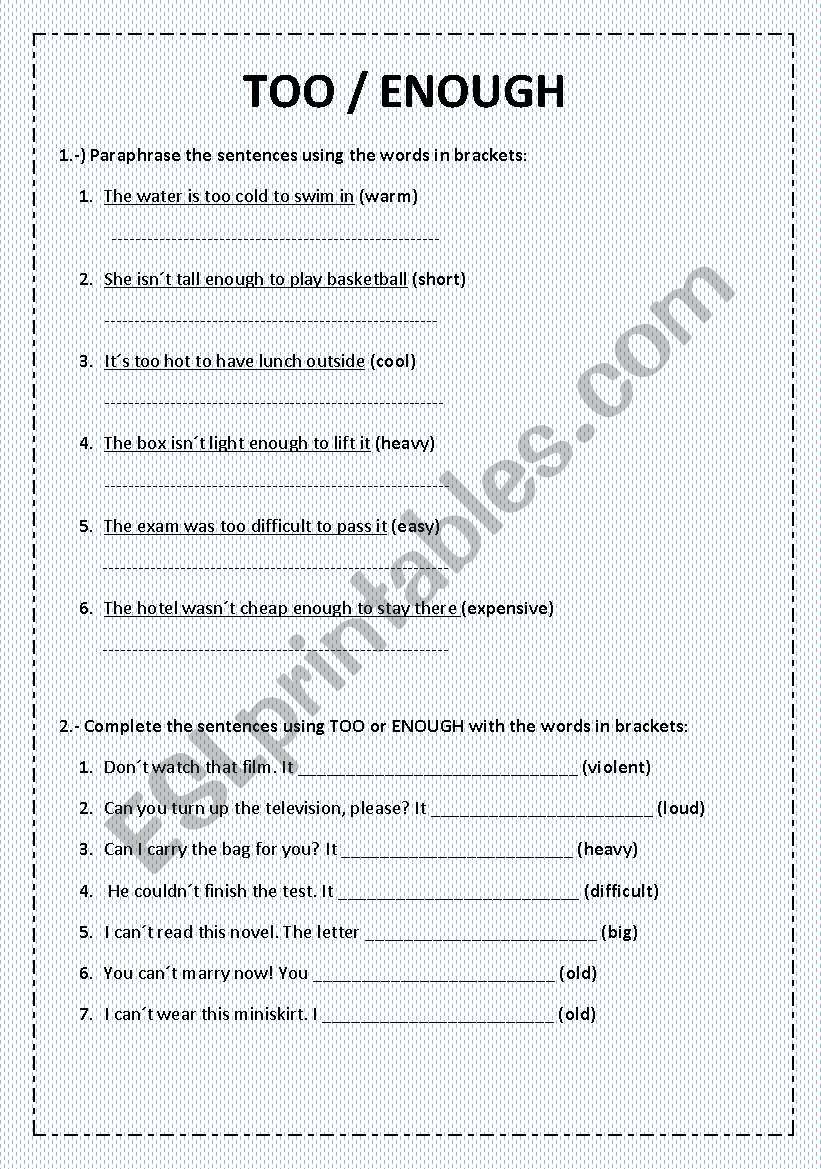 TOO / ENOUGH worksheet