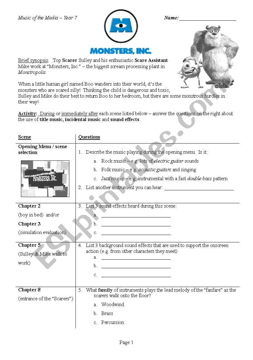 Monsters Inc. Worksheet worksheet