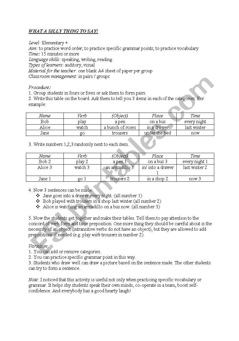 game worksheet