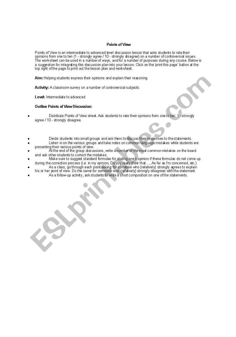 points of vew worksheet