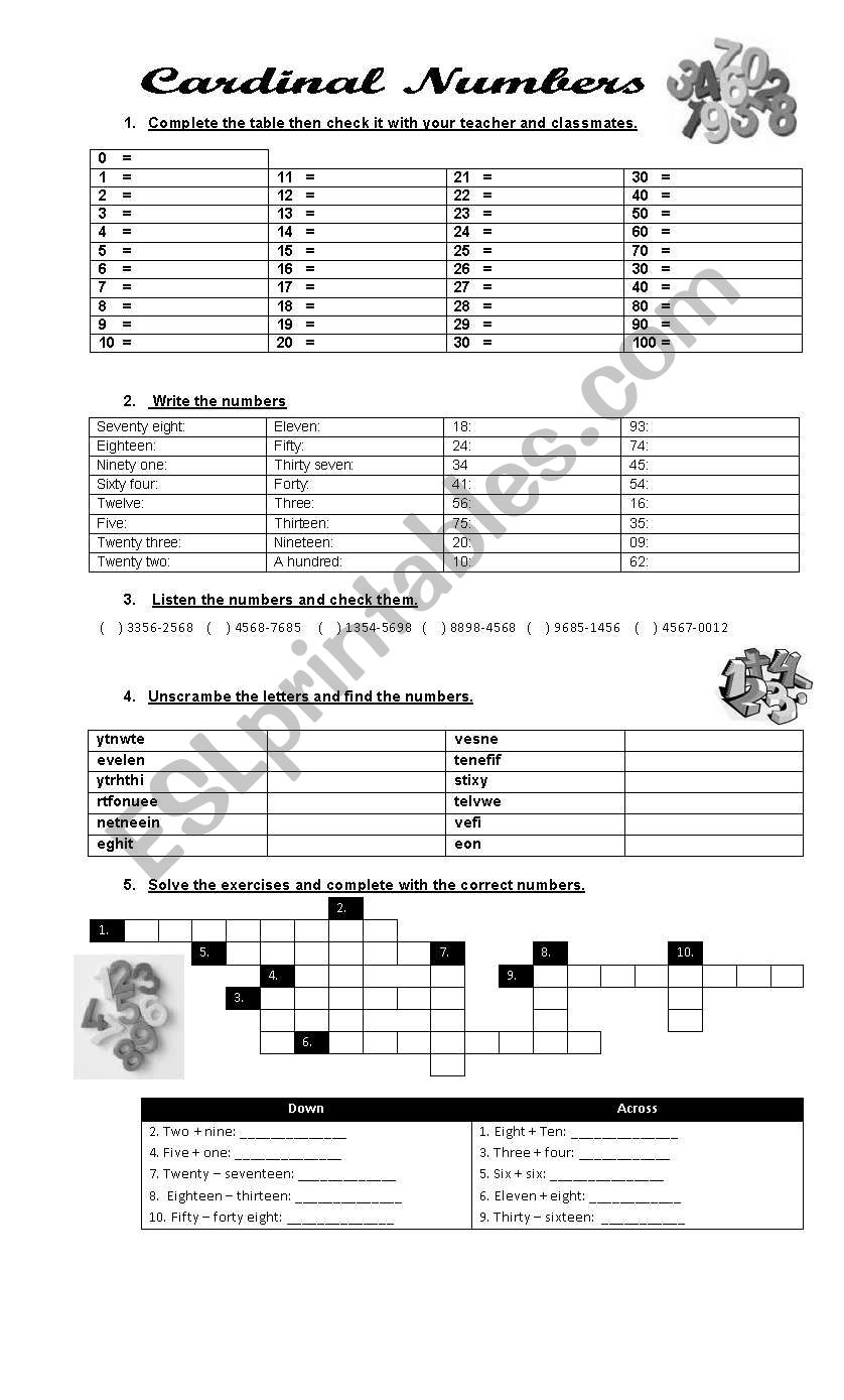 Cardinal Numbers worksheet