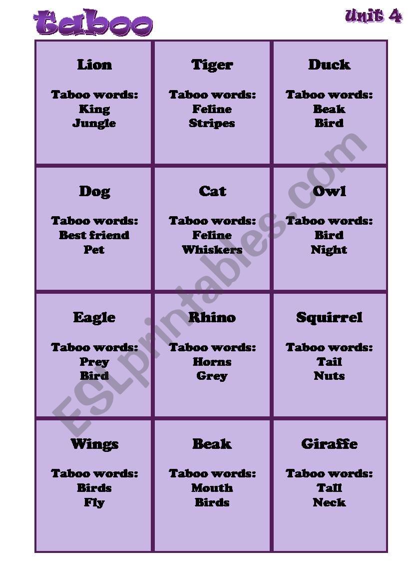 animals taboo game worksheet