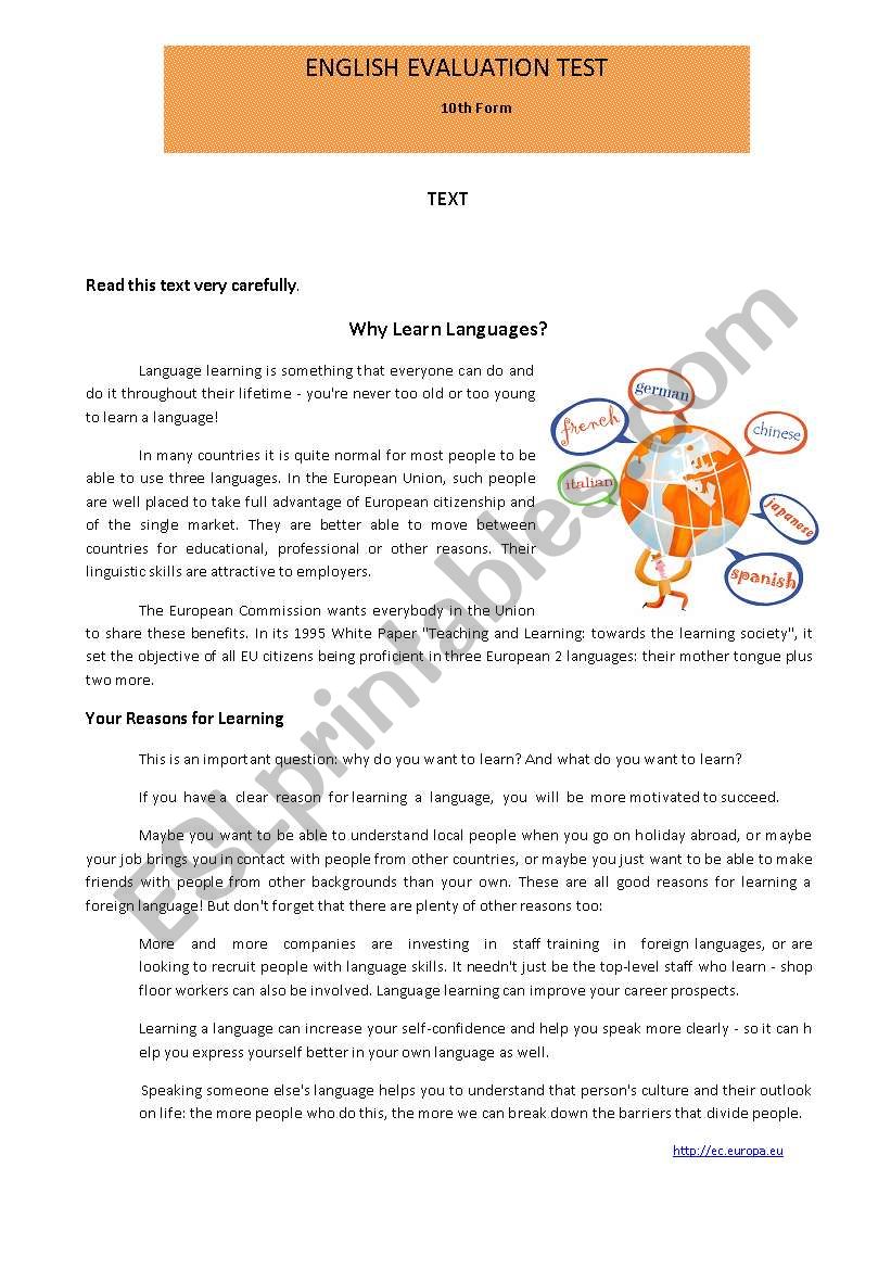 English Test 10th Form worksheet
