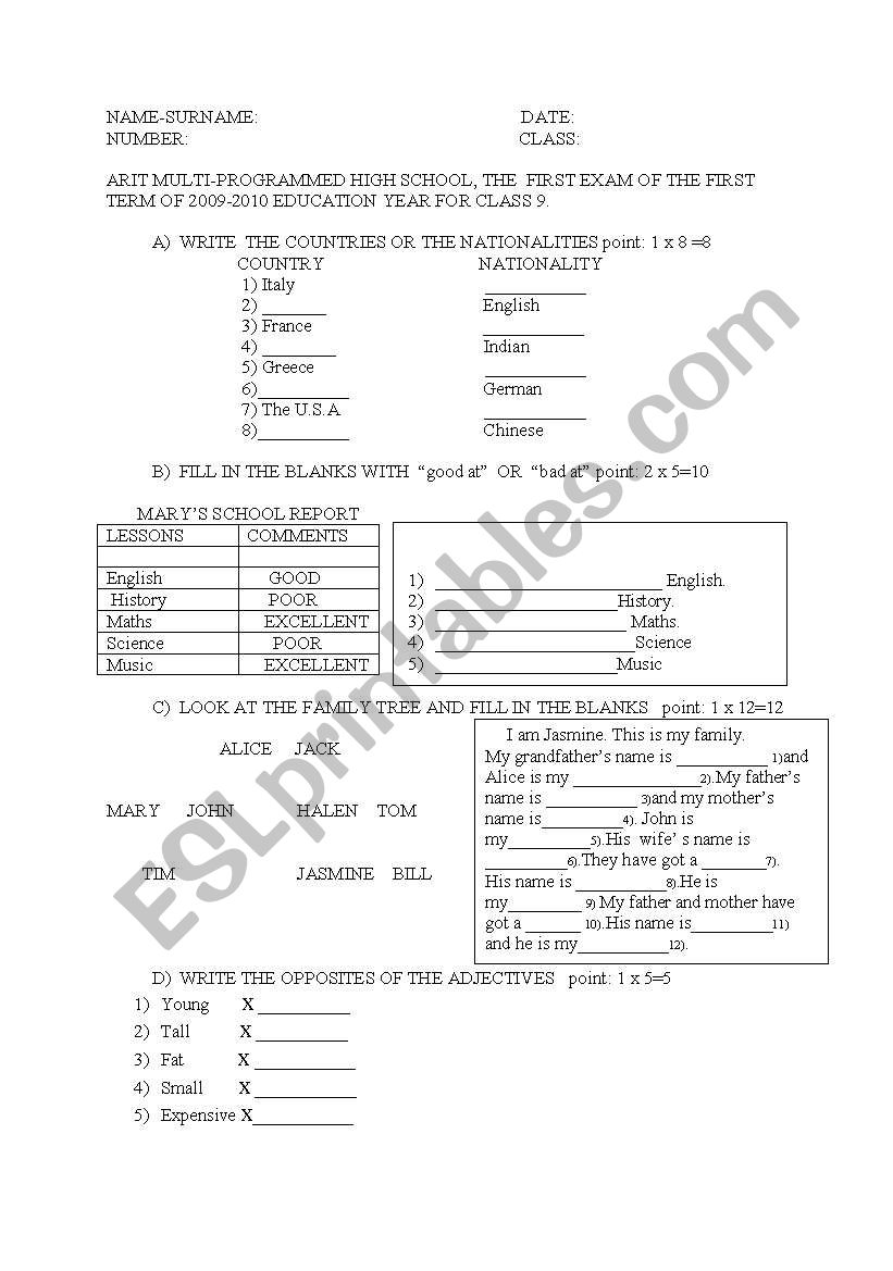 Exam For Class 9 Esl Worksheet By Seftil