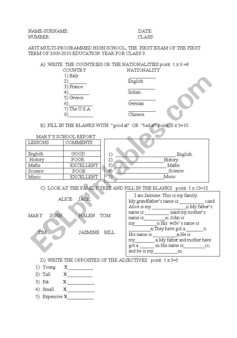 exam for  class 9 worksheet
