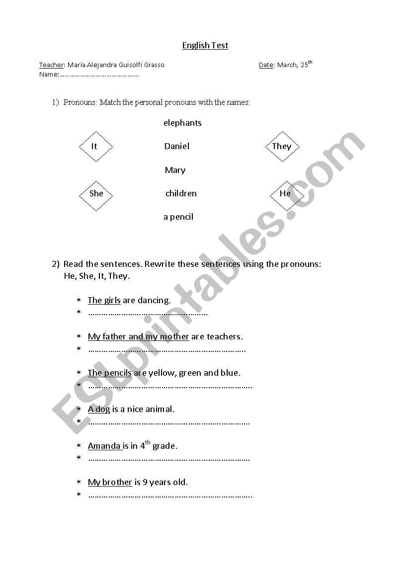 English test for 4th grade worksheet