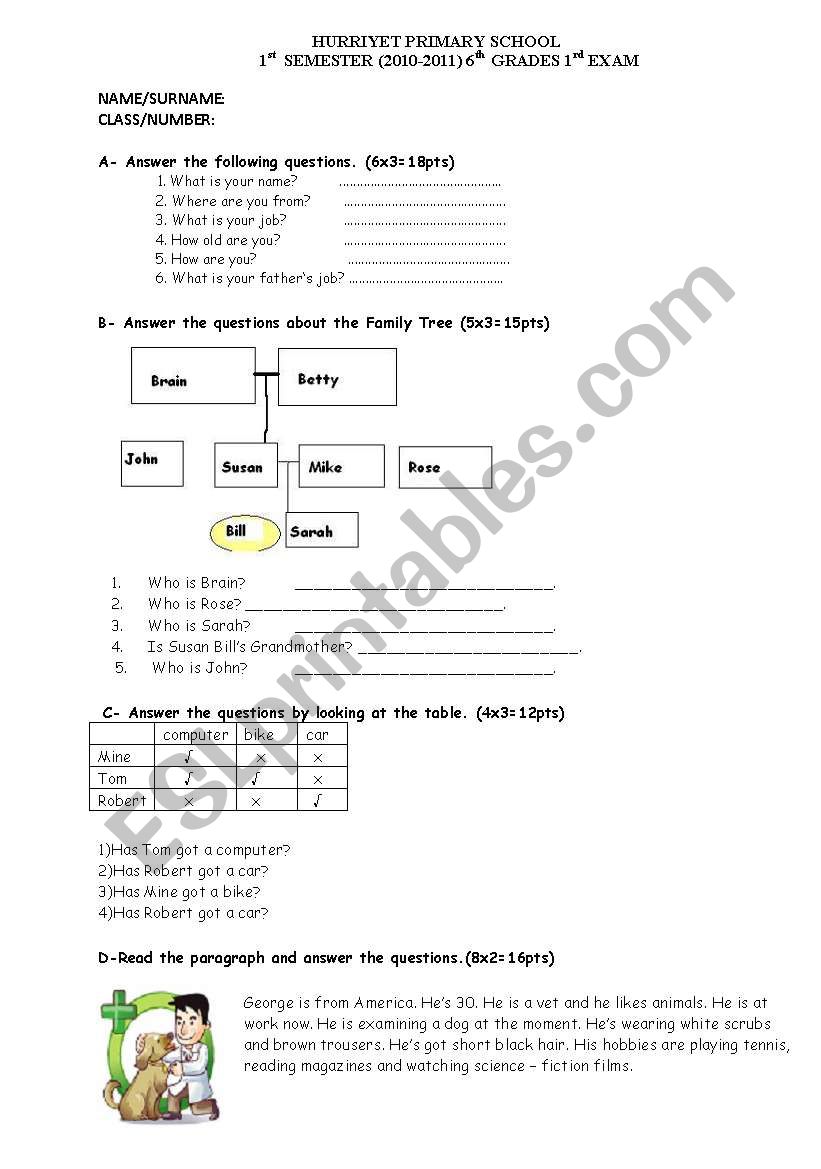 exam for grade 6 worksheet