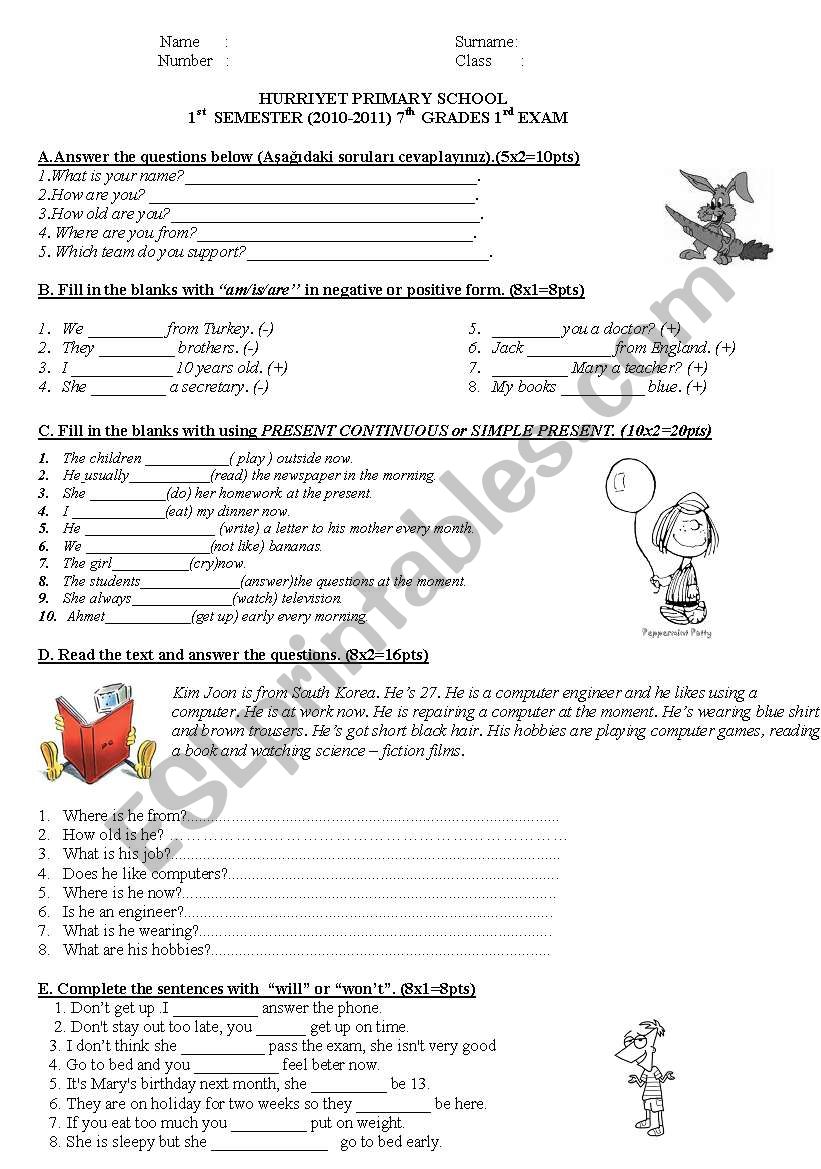 exam for grade 7 worksheet