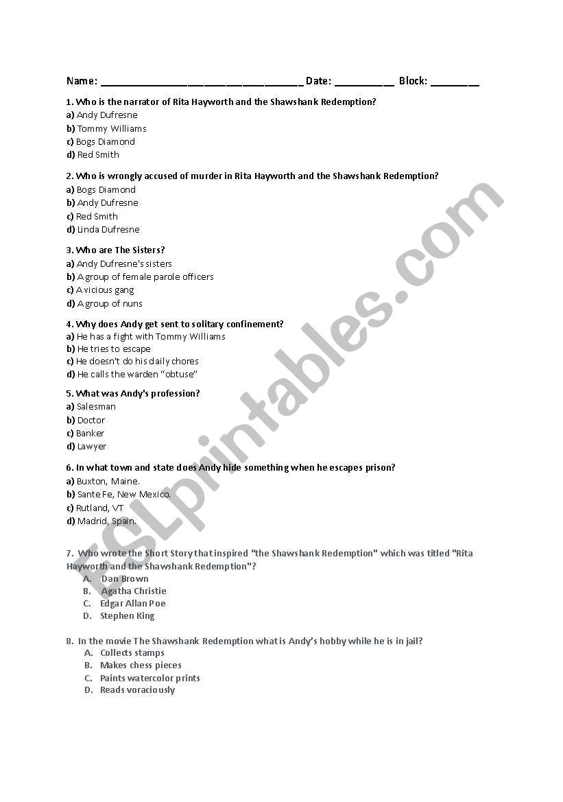 Shawshank Redemption Quiz worksheet