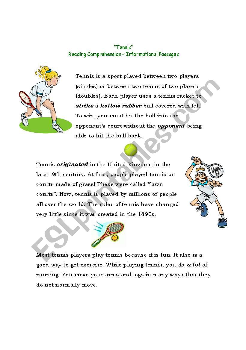 Reading about Tennis worksheet