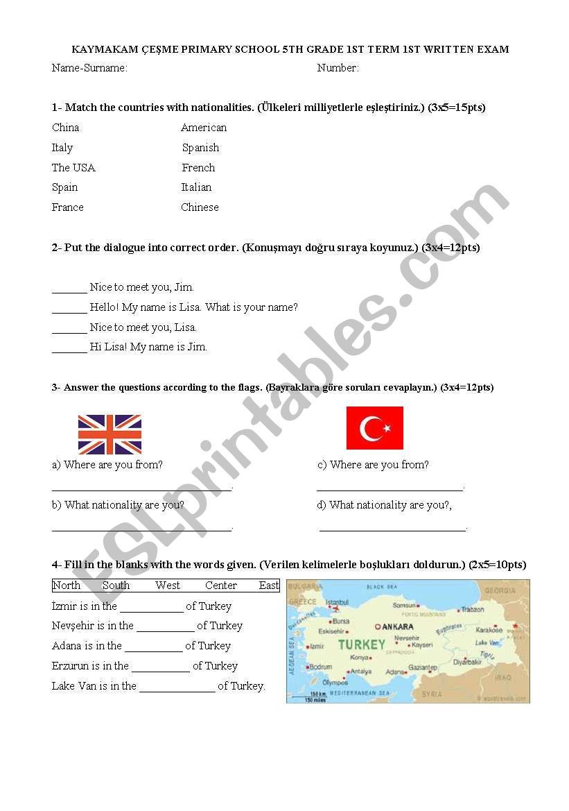 5th grade exam/worksheet (for Turkish students)