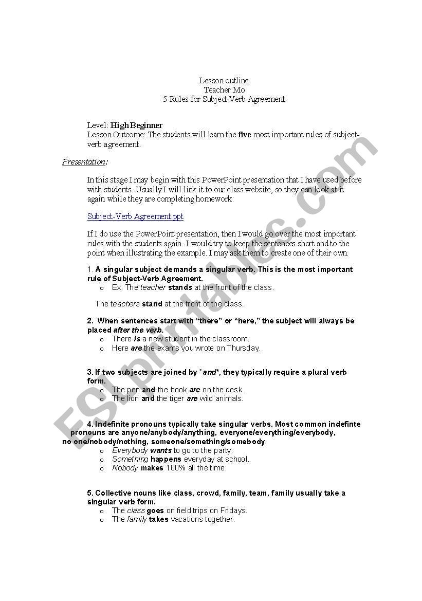 Subject Verb Agreement  worksheet