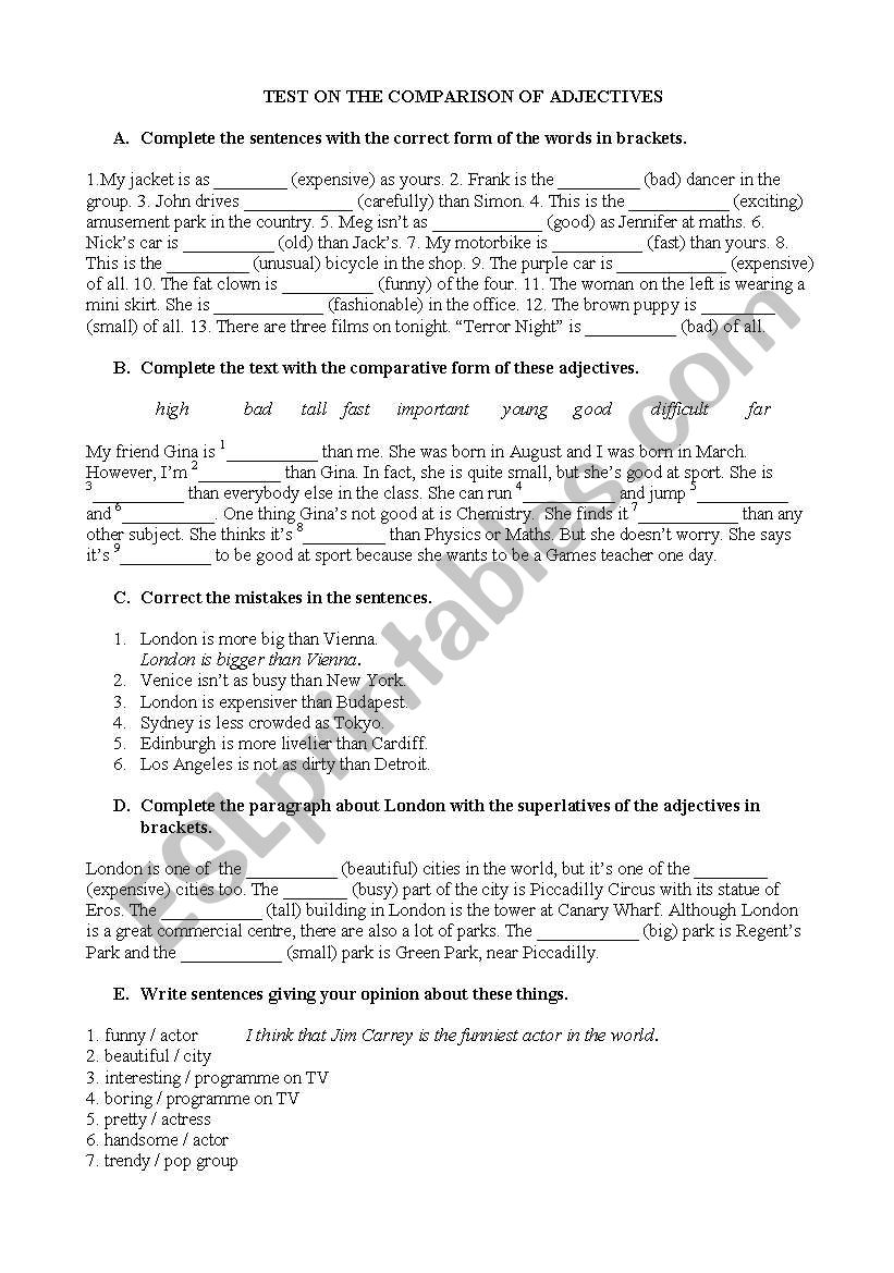 Comparison of the adjective worksheet