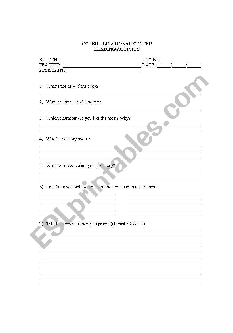 reading activity worksheet