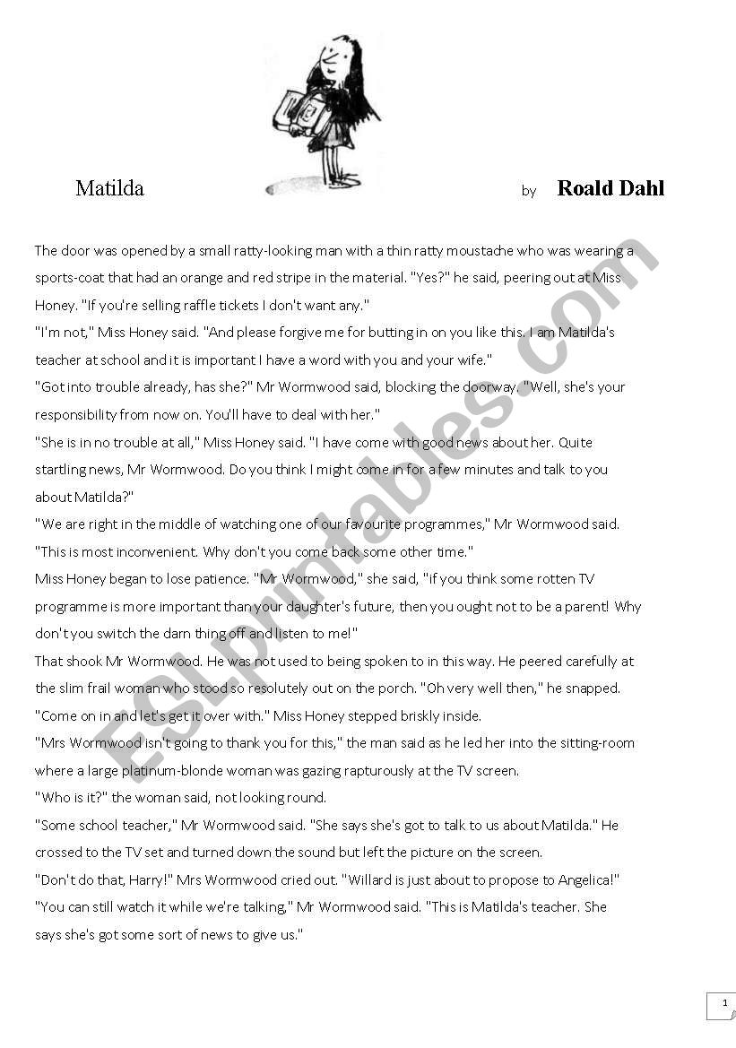 Matilda comprehension sheet worksheet