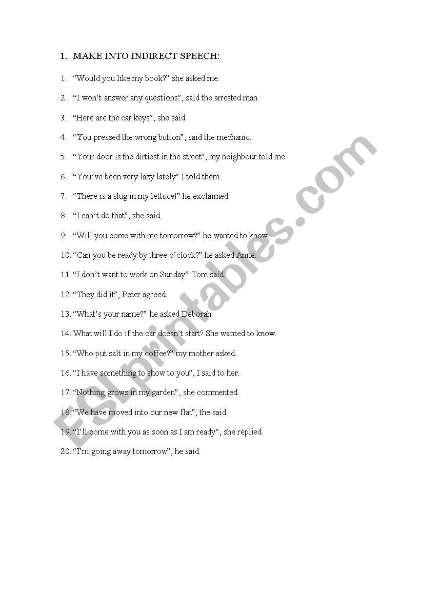 Make into indirect speech worksheet