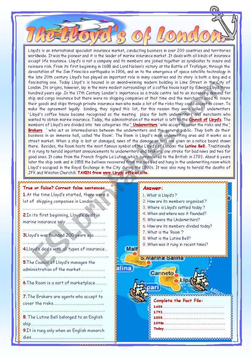 The Lloyds of London.. worksheet