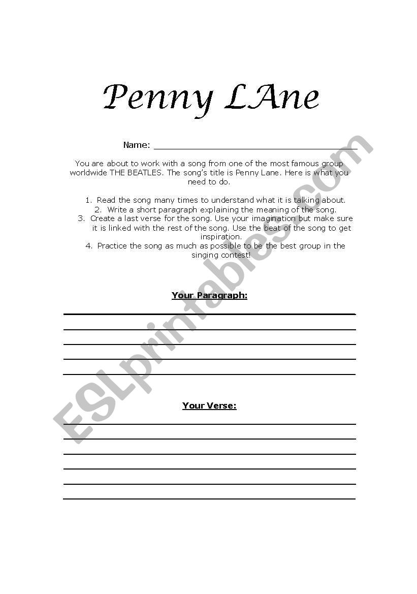 Penny Lane worksheet