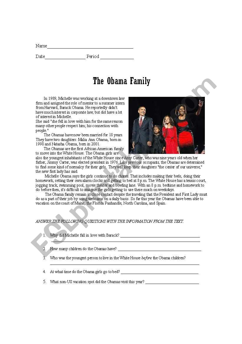 Obama Family Reading Prompt & Questions