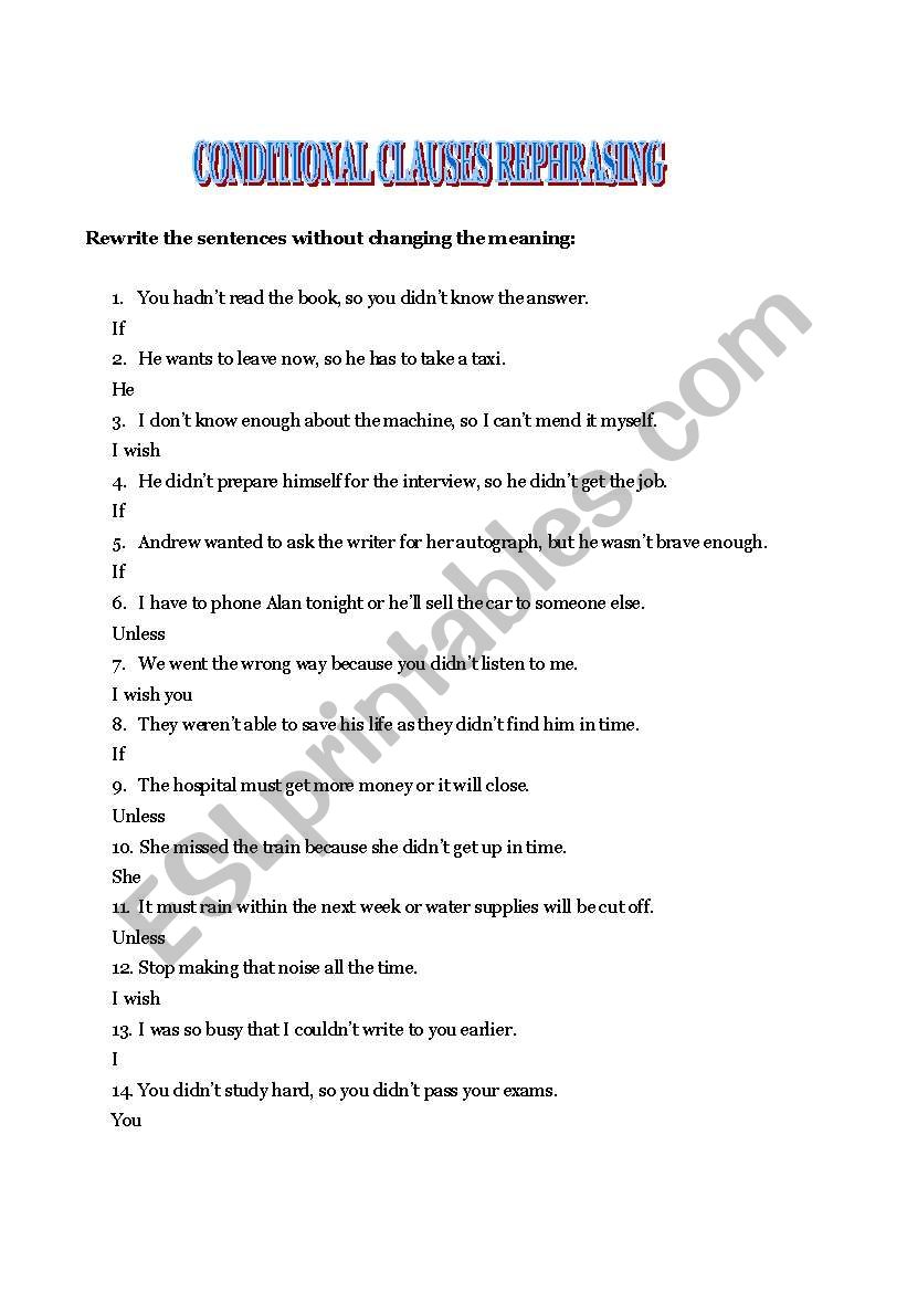 Conditonal Clauses rephrasing worksheet