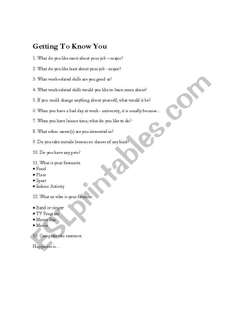 Getting to know you (warm up) worksheet