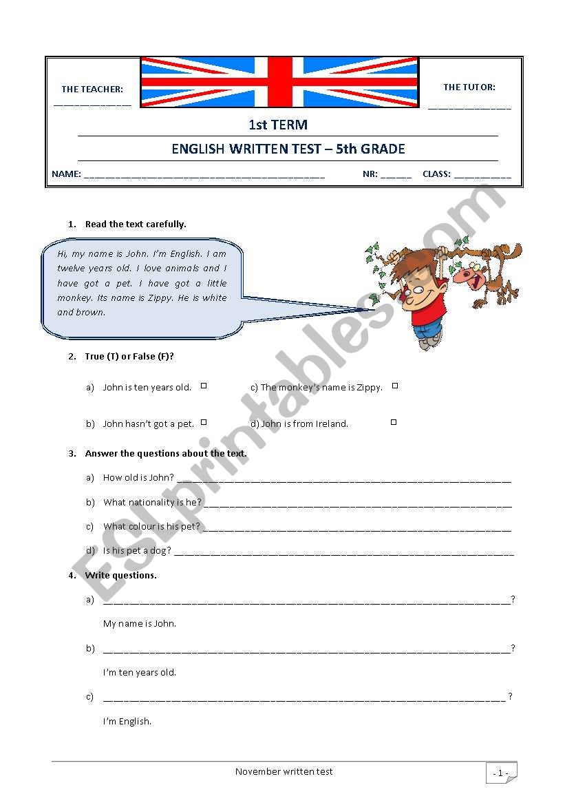 5th grade Test worksheet